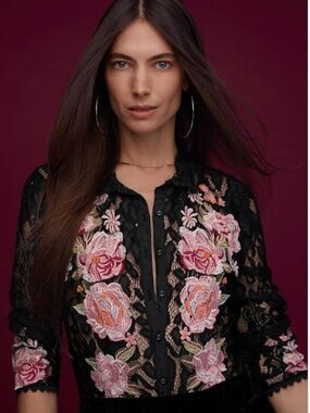 Johnny Was Veronne Lace Blouse GORGEOUS Long Sleeve Floral Embroidery Black Top